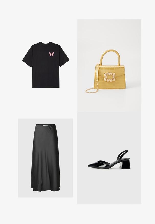 Czarny bawełniany t-shirt z krótkim rękawem, z małym różowym motylkiem na lewej piersi. Klasyczny dekolt z luźnym fasonem.; Czarna satynowa spódnica maxi o gładkiej teksturze, prostym kroju i elastycznym pasku w talii, zapewniająca wygodne dopasowanie.; Czarne lakierowane półbuty na obcasie z wydłużonym noskiem i geometrycznym słupkiem. Charakteryzują się eleganckim, minimalistycznym designem oraz gładką fakturą.; Żółta torebka z faux-krokodylka o wyrafinowanej konstrukcji, z górnym uchwytem, odpinanym łańcuszkiem oraz dekoracyjnym kryształowym zdobieniem na zapięciu.