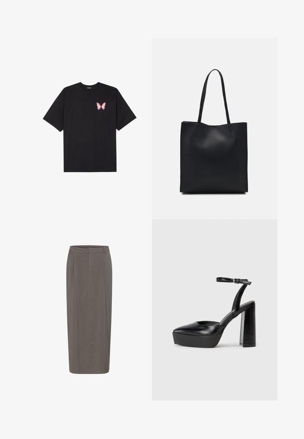 T-shirt en coton noir à manches courtes, avec un petit graphique de papillon rose sur la poitrine gauche. Modèle à col rond avec une coupe décontractée.; Jupe crayon grise avec une silhouette droite, dotée de plis à l'avant, d'une taille et d'une texture lisse. Pas de fermetures ni de poches visibles.; Escarpins noirs à plateforme avec un bout pointu et une sangle réglable à la cheville. Conçus en cuir lisse, avec un large talon bloc.; Sac fourre-tout en cuir noir avec une texture lisse, de forme rectangulaire et deux longues poignées. Pas de matériel ou d'ornementations visibles.