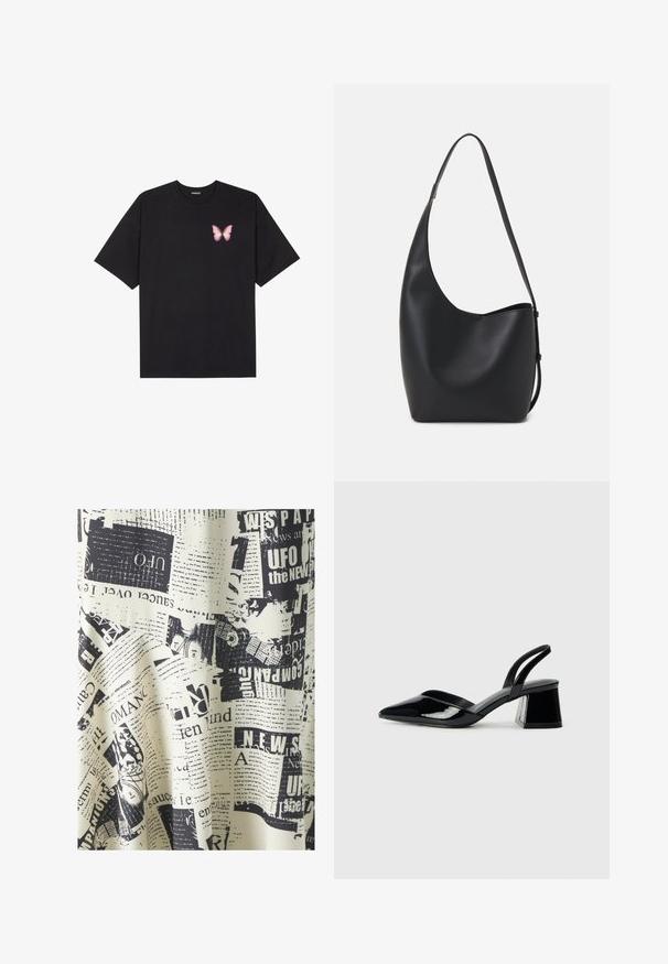 Schwarzes Baumwoll-T-Shirt mit kurzen Ärmeln, das ein kleines pinkes Schmetterlingsmotiv auf der linken Brust zeigt. Crewneck-Design mit einem entspannten Schnitt.; SOMETHINGNEW SIMONE CALF SKIRT - Maxirock - whitecap/gray; Schwarze Lackleder-Slingback-High Heels mit spitzem Schuh und einem geometrischen Blockabsatz. Verfügt über ein schlankes, minimalistisches Design und eine glatte Textur.; Schwarze Leder-Hobo-Tasche mit einer glatten Textur, geschwungener Form und einem einzelnen verstellbaren Tragegurt; verfügt über eine weite Öffnung am oberen Ende.