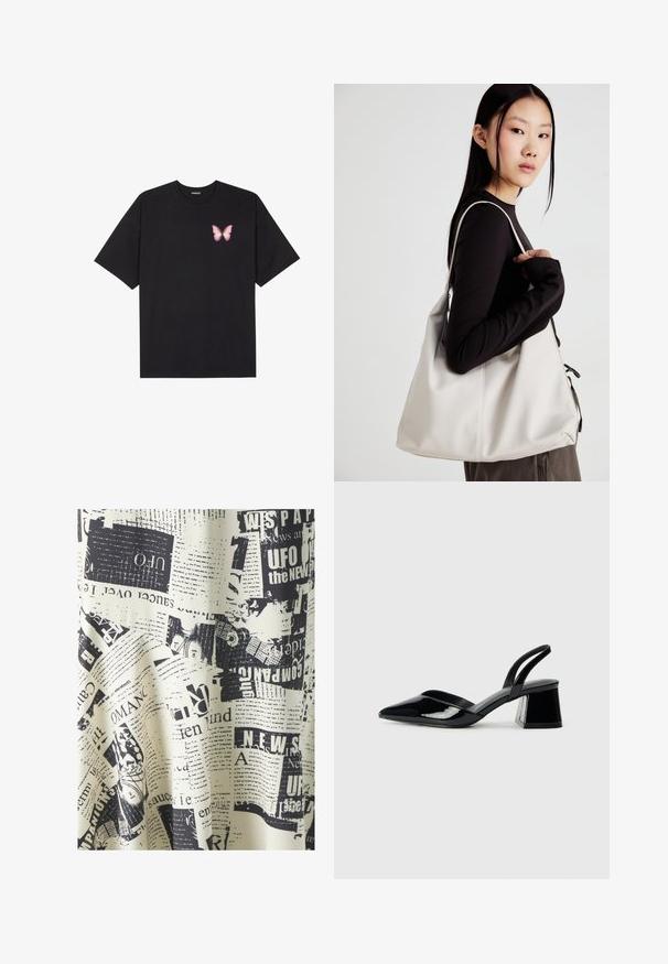 Čierne bavlnené tričko s krátkymi rukávmi, s malým ružovým motýlikom na ľavej hrudi. Design s okrúhlym výstrihom a uvoľneným strihom.; SOMETHINGNEW SIMONE CALF SKIRT - Maxisukňa - whitecap/gray; Čierne lakované kožené sandálové podpätky s špicatou špičkou a geometrickým blokovým podpätkom. Disponujú elegantným, minimalistickým dizajnom a hladkým povrchom.; Béžová kabelka vyrobená z mäkkého materiálu, s uvoľneným dizajnom, prišitými detailmi a dvoma popruhmi na nosenie na pleciach. Vhodná na každodenné nosenie.