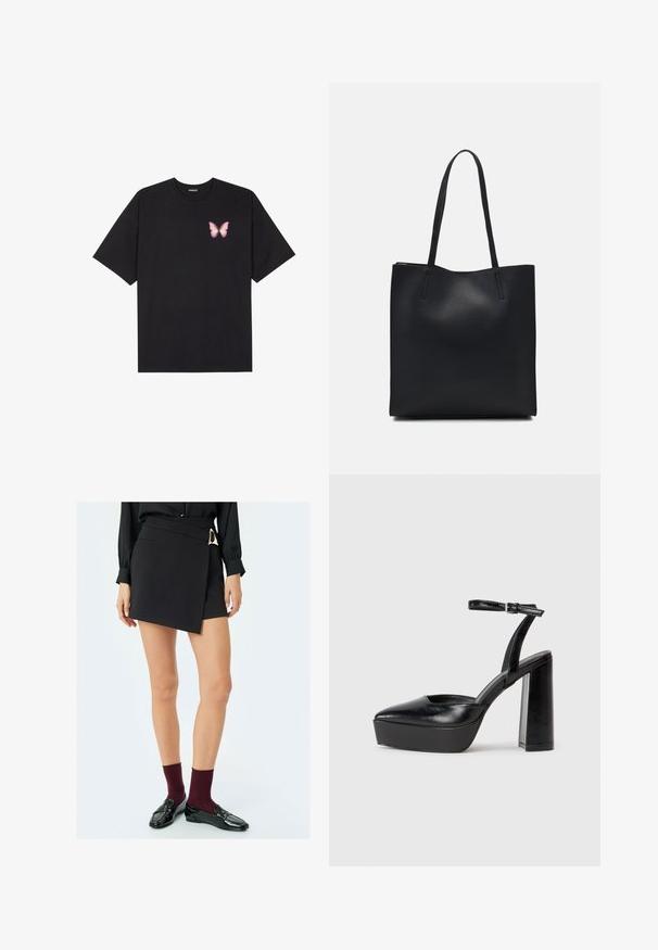 Svart bomullströja med korta ärmar, med en liten rosa fjärilsgrafik på vänster bröst. Rundad halsdesign med en avslappnad passform.; Svart omslagsskjol med sidbälte, slät textur och skräddarsydd passform. Bärs med vinröda strumpor och blanka svarta loafers.; Svarta plattformsskor med spetsig tå och justerbart vristband. Tillverkade av mjukt läder, med en kraftig blockklack.; Svart lädertoffelväska med slät textur, rektangulär form och två långa handtag. Ingen synlig hårdvara eller dekorationer.