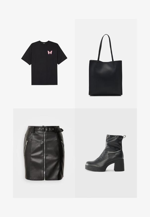 Juodas medvilnės marškinėliai trumpomis rankovėmis, su maža rožine drugelio grafika kairėje krūtinės pusėje. Apvalus kaklo iškirpimas, laisvas kirpimas.; Juodas odinis mini sijonas su prigludusia forma, turintis priekinius užtrauktukus, dvi šonines kišenes ir diržą su sagtimi. Sklandus tekstūra.; Juodos kulkšninių botai, pagaminti iš lygaus odos, su šoniniu užtrauktuku, masyviu tekstūruotu kulnu ir apvaliu pirštu.; Juodas odinis tote krepšys su lygia tekstūra, stačiakampio formos ir dviem ilgais rankenomis. Matomų metalinių detalių ar puošybos nėra.