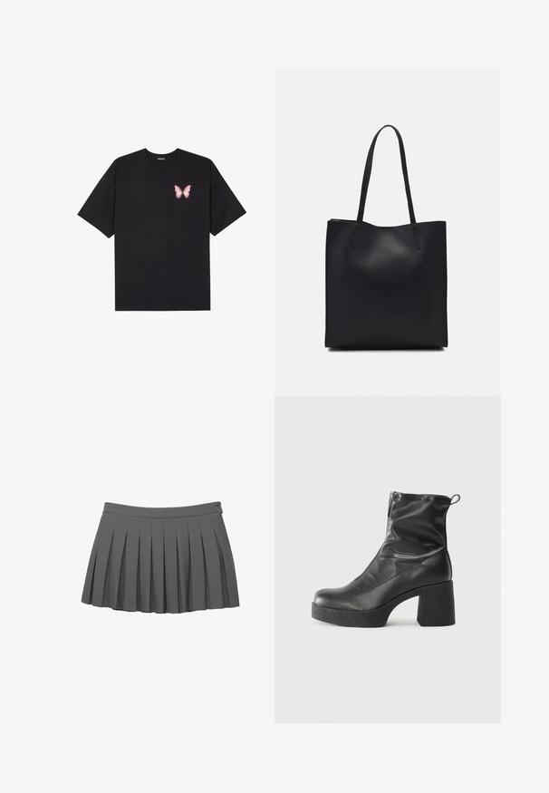 Schwarzes Baumwoll-T-Shirt mit kurzen Ärmeln, das ein kleines pinkes Schmetterlingsmotiv auf der linken Brust zeigt. Crewneck-Design mit einem entspannten Schnitt.; Grauer, plissierter Minirock mit einem knöpfförmigen Taillenbund und einer kleinen Logoverzierung auf der rechten Seite.; Schwarze Stiefeletten aus glattem Leder mit seitlichem Reißverschluss, klobigem strukturiertem Absatz und runder Zehenform.; Schwarze Laptoptasche aus Leder mit glatter Textur, rechteckiger Form und zwei langen Griffen. Keine sichtbaren Beschläge oder Verzierungen.