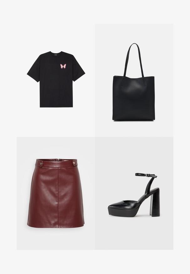 Černé bavlněné tričko s krátkým rukávem, na levém prsou s malou grafikou růžové motýlky. Design s kruhovým výstřihem a volným střihem.; Burgundská mini sukně z faux kůže se strukturním pasem, předním zipem a kovovými cvočky, s hladkou, lesklou texturou.; Černé platformové podpatky s špičatou špičkou a nastavitelným kotníkovým popruhem. Vyrobeny z hladké kůže, s masivním blokovým podpatkem.; Černá kožená taška přes rameno s hladkým povrchem, obdélníkovým tvarem a dvěma dlouhými uchy. Žádné viditelné kování ani ozdoby.