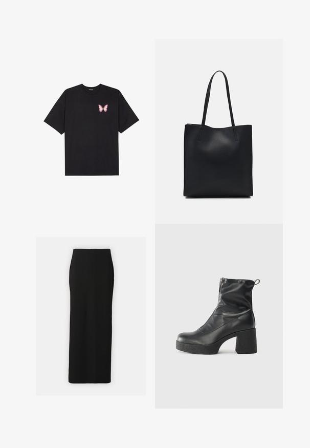 T-shirt en coton noir à manches courtes, avec un petit graphique de papillon rose sur la poitrine gauche. Modèle à col rond avec une coupe décontractée.; Jupe maxi en tricot noir à côtes avec une silhouette droite, des fentes sur les côtés et une texture lisse. Elle possède une taille élastique pour plus de confort.; Bottes noires à la cheville en cuir lisse, dotées d'une fermeture éclair sur le côté, d'un talon épais texturé et d'une conception à bout rond.; Sac fourre-tout en cuir noir avec une texture lisse, de forme rectangulaire et deux longues poignées. Pas de matériel ou d'ornementations visibles.