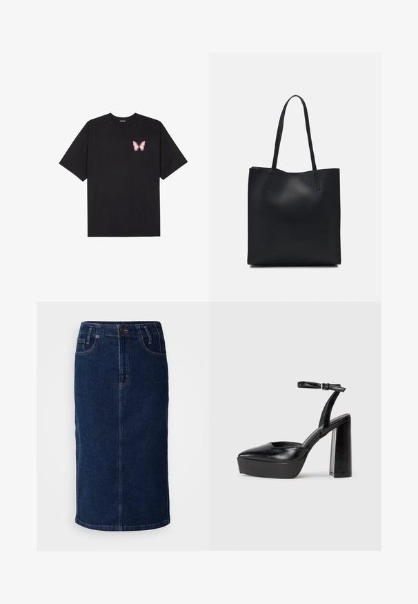 Musta puuvillapaita lyhyillä hihoilla, jossa on pieni vaaleanpunainen perhosgrafiikka vasemmassa rinnassa. Pyöreä kaula-aukko ja rento istuvuus.; Tummansininen denim-midi-hame, jossa on suora leikkaus, etutaskut ja erottuva oranssi tikkaus. Sujuva pinta, jossa on minimaalinen yksityiskohtaisuus.; Mustat korkeat platform-kengät, joissa on terävä kärki ja säädettävä nilkkaremmi. Valmistettu sileästä nahasta ja varustettu paksulla lohkokorkeudella.; Mustapahkainen kangaskassi, jossa on sileä pinta, suorakaiteen muotoinen ja kaksi pitkää kahvaa. Ei näkyvää metalliosaa tai koristeita.