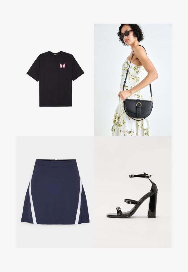 Crna pamučna majica s kratkim rukavima, s malim grafičkim prikazom ružičaste vjetricaste s desne strane na prsima. Dizajn s okruglim izrezom i opuštenim krojem.; Tamno plava suknja s prilagođenim strukom i lepršavim siluetom. Ima bijele bočne pruge i skrivenu patentni zatvarač na leđima. Glatka tekstura.; Crne lakirane sandale na visoku petu s dva remena s kopčama, kvadratnim vrhom i masivnom blok petom, s glatkom, sjajnom teksturom.; Crna kožna torba s lukovitim oblikom, odvojivim remenom i zlatnim detaljima. Torba ima preklop s kopčom.