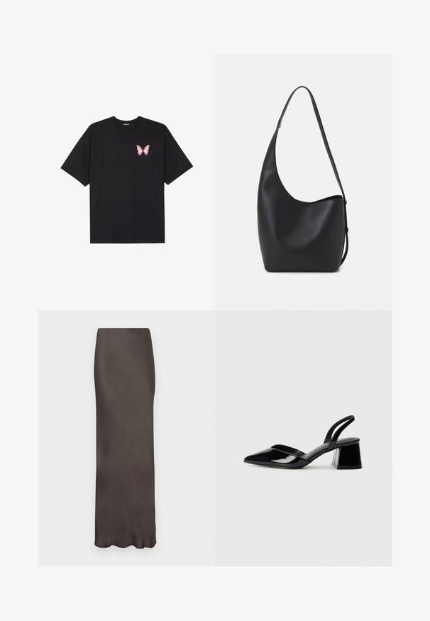 Czarny bawełniany t-shirt z krótkim rękawem, z małym różowym motylkiem na lewej piersi. Klasyczny dekolt z luźnym fasonem.; Brązowa satynowa spódnica do ziemi o dopasowanym kroju i gładkiej fakturze. Posiada subtelny połysk i brak widocznych wzorów lub ozdób.; Czarne lakierowane półbuty na obcasie z wydłużonym noskiem i geometrycznym słupkiem. Charakteryzują się eleganckim, minimalistycznym designem oraz gładką fakturą.; Czarna skórzana torba hobo o gładkiej fakturze, zaokrąglonym kształcie i pojedynczym, regulowanym pasku; posiada szerokie otwarcie na górze.