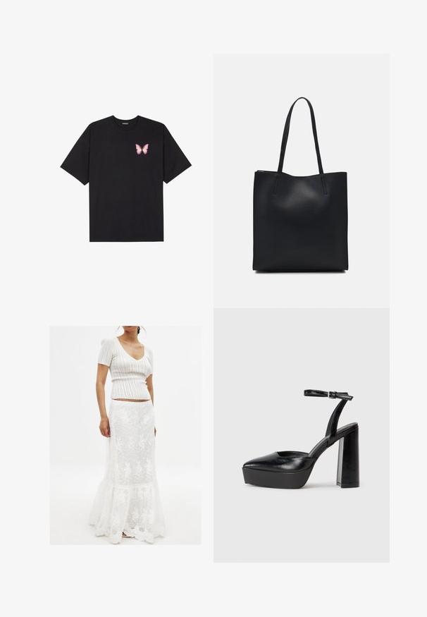 Zwarte katoenen t-shirt met korte mouwen, voorzien van een kleine roze vlinder graphic op de linkerkant van de borst. Crew neck ontwerp met een relaxte fit.; Witte gebreide top met korte mouwen en een V-hals. Vloeiende witte rok met een kanten overlay, gegolfde zoom en bloemenpatroon.; Zwarte plateauhakken met een puntige neus en verstelbare enkelband. Gemaakt van soepel leer, met een robuuste blokhak.; Zwarte leren handtas met een gladde textuur, rechthoekige vorm en twee lange handvaten. Geen zichtbare hardware of versieringen.