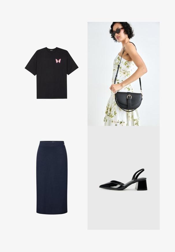 T-shirt en coton noir à manches courtes, avec un petit graphique de papillon rose sur la poitrine gauche. Modèle à col rond avec une coupe décontractée.; Jupe bleu marine, longueur genou, fabriquée en tissu doux et extensible. Présente une taille lisse et un design simple sans motifs ni embellissements.; Escarpins en cuir verni noir avec bout pointu et talon bloc géométrique. Présente un design élégant et minimaliste ainsi qu'une texture lisse.; Sac à main en cuir noir avec une forme courbée, bandoulière amovible et des accessoires en or. Le sac est doté d'un rabat avec un détail de boucle.