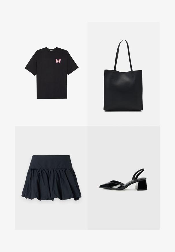 Tricou negru din bumbac cu mâneci scurte, având pe partea stângă a pieptului un mic grafic cu un fluture roz. Design cu guler rotund și croială lejeră.; Fustă neagră evazată dintr-un material ușor, cu un talie lată și pliuri strânse pentru un aspect stratificat.; Pantofi cu toc slingback din piele lacuită neagră, cu vârf ascuțit și toc geometric. Prezintă un design elegant, minimalist și o textură netedă.; Geantă tote neagră din piele, cu textură netedă, formă rectangulară și două mânere lungi. Fără hardware vizibil sau ornamente.
