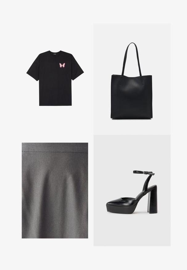 Juodas medvilnės marškinėliai trumpomis rankovėmis, su maža rožine drugelio grafika kairėje krūtinės pusėje. Apvalus kaklo iškirpimas, laisvas kirpimas.; Pilkas audin su lygia, vienoda tekstūra. Subtilus blizgesys pabrėžia švarias linijas ir klostes, rodančias struktūrizuotą dizainą. Matomų raštų ar spaudinių nėra.; Juodi platforminiai aukšti kulniukai su smailiu kojų pirštu ir reguliuojamu kulkšnies dirželiu. Pagaminti iš lygaus odos, turi masyvų blokinį kulną.; Juodas odinis tote krepšys su lygia tekstūra, stačiakampio formos ir dviem ilgais rankenomis. Matomų metalinių detalių ar puošybos nėra.