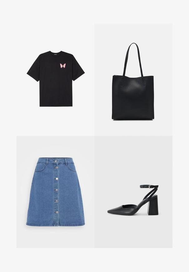 Fekete pamut póló rövid ujjakkal, bal mellkason egy kis rózsaszín pillangó grafikával. Kerek nyakú kialakítás, laza fazonnal.; Világoskék denim A-vonalú szoknya, elöl gombos záródással, két zsebbel és nyers szélekkel. Klasszikus öt zsebes dizájn.; Fekete bőr, hegyes orrú magassarkú cipő boka pánttal és vastag sarokkal. Sima textúra, elegáns dizájn és minimális esztétika.; Fekete bőrtáska sima felszínnel, téglalap alakú, két hosszú füllel. Nincs látható fémkiegészítő vagy díszítés.