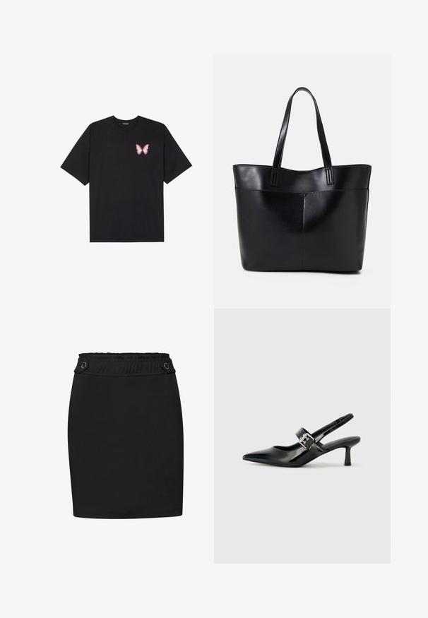 Svart bomullströja med korta ärmar, med en liten rosa fjärilsgrafik på vänster bröst. Rundad halsdesign med en avslappnad passform.; Svart pennkjol med en åtsittande design. Har ett elastiskt midjeband och två dekorativa metalldetaljer på sidorna. Slät textur.; Svarta patentläder slingback-klackar med spetsig tå och en liten blockklack, med en silvrig spänneaccent på remmen.; Svart läder tote-väska med två långa handtag, en slät yta och en strukturerad form. Har en framficka för extra förvaring.