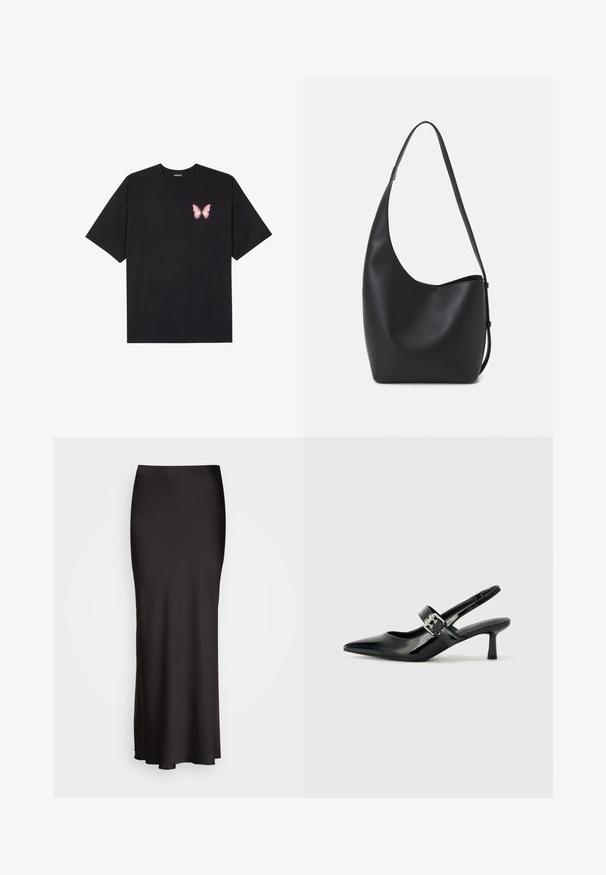 T-shirt en coton noir à manches courtes, avec un petit graphique de papillon rose sur la poitrine gauche. Modèle à col rond avec une coupe décontractée.; Jupe en satin noire, longue jusqu'au sol, avec une texture lisse, une taille ajustée et une silhouette en A, sans ornements ni motifs visibles.; Escarpins slingback en cuir verni noir avec un bout pointu et un petit talon bloc, mettant en avant un accent en boucle argentée sur la sangle.; Sac hobo en cuir noir avec une texture lisse, une forme incurvée et une seule sangle réglable ; dispose d'une large ouverture en haut.