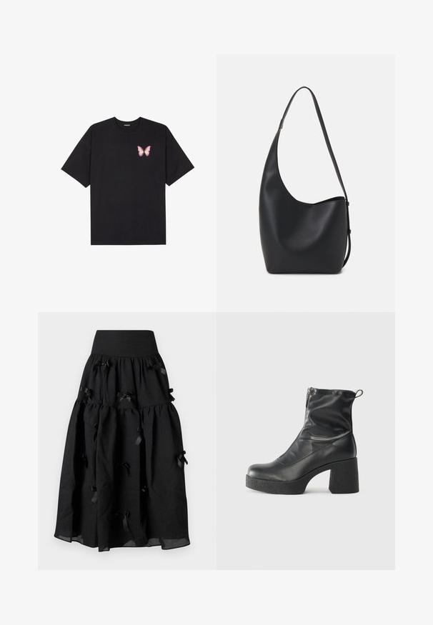 Tricou negru din bumbac cu mâneci scurte, având pe partea stângă a pieptului un mic grafic cu un fluture roz. Design cu guler rotund și croială lejeră.; Sister Jane BIRDIE BOW MIDI SKIRT - Fustă în formă de A - black; Bocanci negri de glezna din piele netedă, cu fermoar lateral, toc texturat și masiv, și design cu vârf rotund.; Geantă hobo din piele neagră, cu o textură netedă, formă curbată și un singur bretele ajustabil; are o deschidere largă în partea de sus.