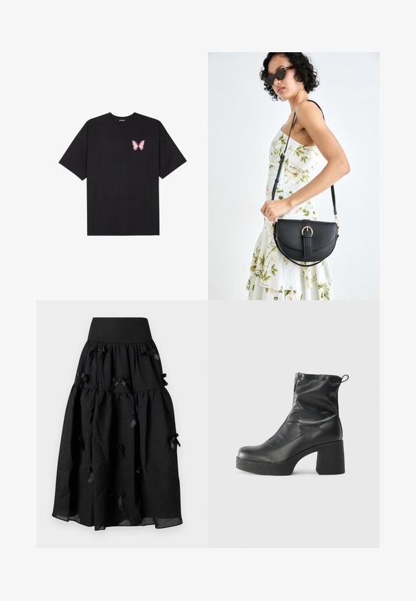 T-shirt de algodão preto com mangas curtas, apresentando um pequeno gráfico de borboleta rosa no lado esquerdo do peito. Design de gola redonda com um corte solto.; Sister Jane BIRDIE BOW MIDI SKIRT - Saia evasé - black; Botas de tornozelo pretas feitas de couro liso, com fecho lateral, salto grosso texturizado e design de bico arredondado.; Bolsa de couro preta com forma curva, alça destacável e detalhes em dourado. A bolsa possui uma aba com detalhe de fivela.