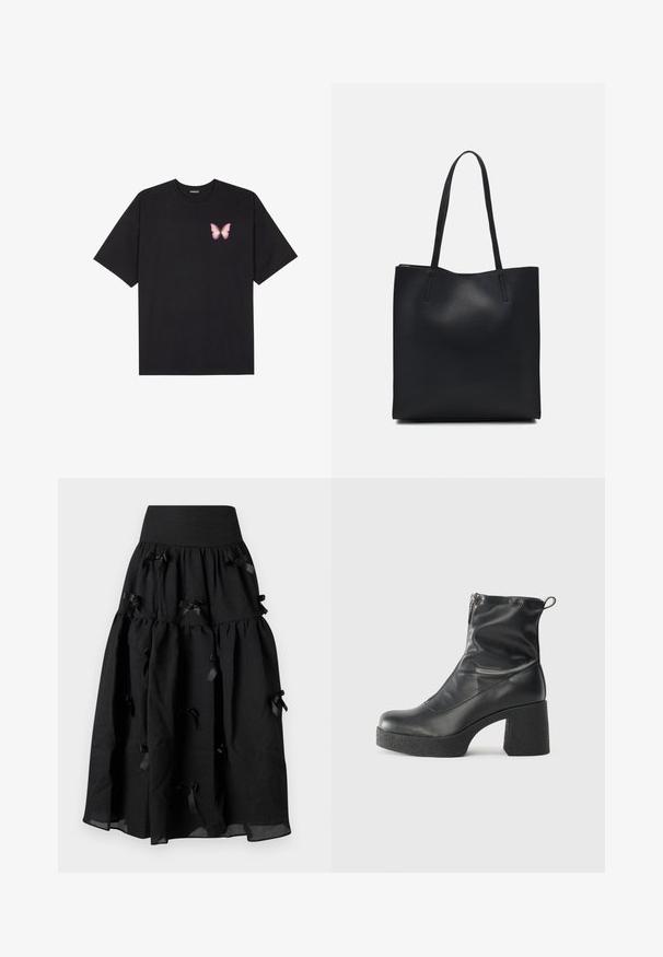 Must muströöpidega must puuvillane T-särk, vasakul rinnal on väike roosa liblikas. Ümar kaelus ja vabalt istuv lõige.; Sister Jane BIRDIE BOW MIDI SKIRT - A-lõikeline seelik - black; Mustad mustad ansapüksid, mis on valmistatud siledast nahast, külje zipperiga, paksu tekstuuriga kontsaga ja ümmarguse nina disainiga.; Mustast nahast kott sujuva tekstuuriga, ristkülikukujuline ja kahe pika sangaga. Pole nähtavat riistvara ega kaunistusi.