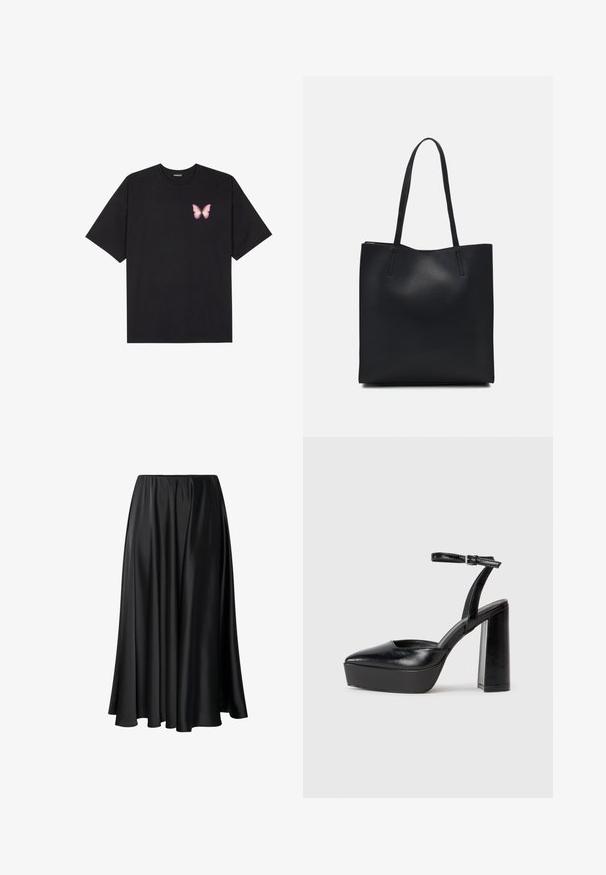Černé bavlněné tričko s krátkým rukávem, na levém prsou s malou grafikou růžové motýlky. Design s kruhovým výstřihem a volným střihem.; Černá maxi sukně vyrobená z hladké látky, s elastickým pasem, plným střihem a splývavým lemem, bez viditelných vzorů nebo detailů.; Černé platformové podpatky s špičatou špičkou a nastavitelným kotníkovým popruhem. Vyrobeny z hladké kůže, s masivním blokovým podpatkem.; Černá kožená taška přes rameno s hladkým povrchem, obdélníkovým tvarem a dvěma dlouhými uchy. Žádné viditelné kování ani ozdoby.