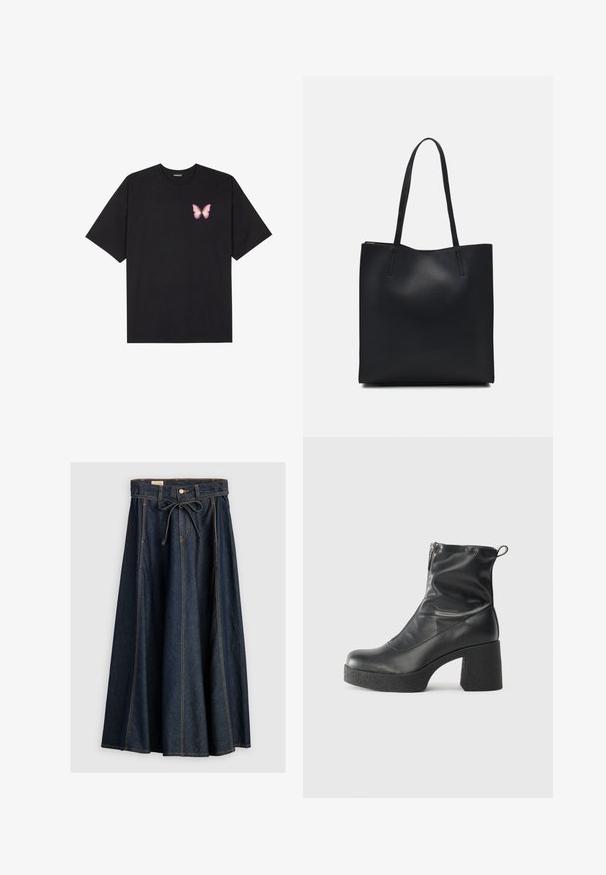 Juodas medvilnės marškinėliai trumpomis rankovėmis, su maža rožine drugelio grafika kairėje krūtinės pusėje. Apvalus kaklo iškirpimas, laisvas kirpimas.; Levi's® XL SKIRT - Džinsinis sijonas - square circle; Juodos kulkšninių botai, pagaminti iš lygaus odos, su šoniniu užtrauktuku, masyviu tekstūruotu kulnu ir apvaliu pirštu.; Juodas odinis tote krepšys su lygia tekstūra, stačiakampio formos ir dviem ilgais rankenomis. Matomų metalinių detalių ar puošybos nėra.