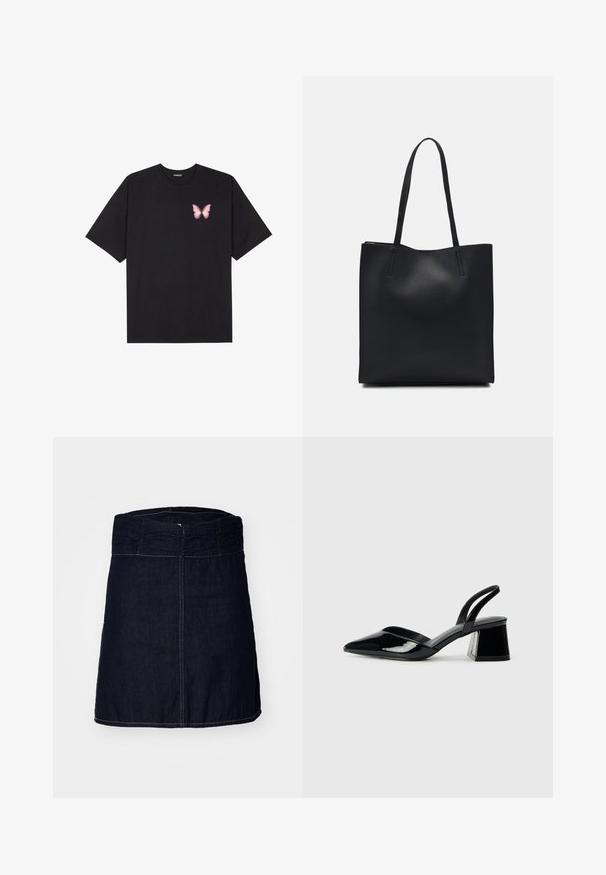 T-shirt de algodão preto com mangas curtas, apresentando um pequeno gráfico de borboleta rosa no lado esquerdo do peito. Design de gola redonda com um corte solto.; Saia de ganga em índigo escuro com uma cintura elástica franzida, corte reto e costura contrastante ao longo da barra e das costuras.; Sandy em verniz preto com salto slingback, ponta afilada e salto geométrico. Apresenta um design elegante e minimalista com textura suave.; Bolsa tote preta em couro com textura lisa, forma retangular e duas alças longas. Sem hardware ou enfeites visíveis.