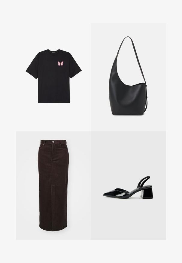 Black cotton t-shirt with short sleeves, featuring a small pink butterfly graphic on the left chest. Crew neck design with a relaxed fit.; Brown corduroy maxi skirt featuring vertical ribbing, a straight cut, front button closure, and two side pockets.; Black patent leather slingback heels with a pointed toe and a geometric block heel. Features a sleek, minimal design and smooth texture.; Black leather hobo bag with a smooth texture, curved shape, and single adjustable strap; features a wide opening at the top.