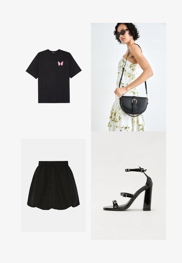 Črna bombažna majica s kratkimi rokavi, ki ima majhen roza metuljček na levi strani prsnega dela. Majica s krožnim ovratnikom in sproščenim krojem.; Črna drsna krila z elastiko v pasu, narejena iz teksturirane tkanine. Ima razširjen dizajn in sega nad koleno.; Črne lakaste sandale z visokimi petami, z dvema trakovoma z zaponkama, kvadratnim sprednjim delom in masivno širšo peto, z gladko, sijočo teksturo.; Črna usnjena torbica s ukrivljeno obliko, z odstranljivo naramnico in zlatimi dodatki. Torbica ima pokrov s podrobnostmi v obliki zaponke.