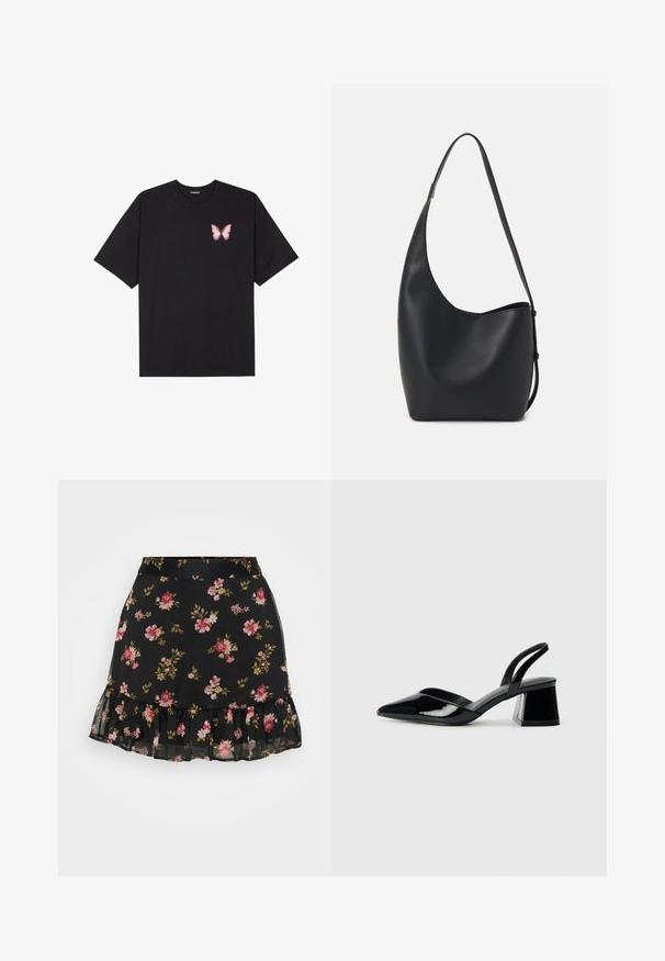 Juodas medvilnės marškinėliai trumpomis rankovėmis, su maža rožine drugelio grafika kairėje krūtinės pusėje. Apvalus kaklo iškirpimas, laisvas kirpimas.; Juoda gėlėta sijonas su raukšlėtu apdailu. Jame yra rožinių ir geltonų gėlių raštas ant permatomo audinio. Lengvas ir prigludęs dizainas.; Juodos lakuotos odinės šlepetės su smailiu pirštu ir geometriniu bloko kulnu. Turi elegantišką, minimalistinį dizainą ir lygų paviršių.; Juodas odinis hobo maišas su lygiu paviršiumi, kreipta forma ir viena reguliuojama rankena; turi platų atidarymą viršuje.