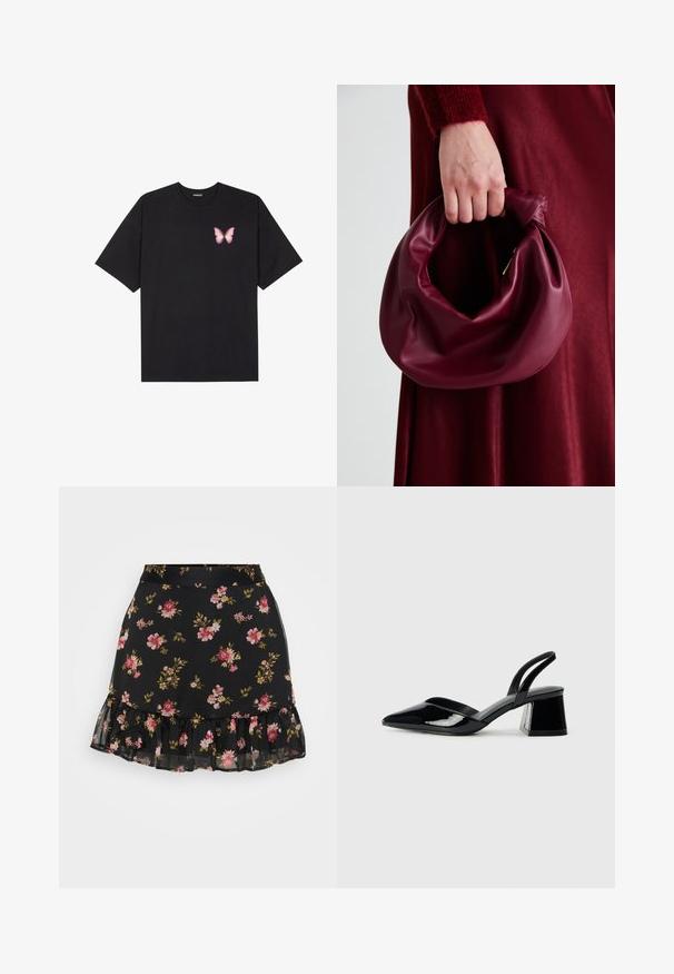 T-shirt de algodão preto com mangas curtas, apresentando um pequeno gráfico de borboleta rosa no lado esquerdo do peito. Design de gola redonda com um corte solto.; Saia preta floral com uma bainha em babados. Apresenta um padrão de flores rosa e amarelas em um tecido transparente. Design leve e ajustado.; Sandy em verniz preto com salto slingback, ponta afilada e salto geométrico. Apresenta um design elegante e minimalista com textura suave.; Bolsa de couro bordô com um design suave e franzido, e uma forma arredondada. A alça é fixa, apresentando uma textura suave.