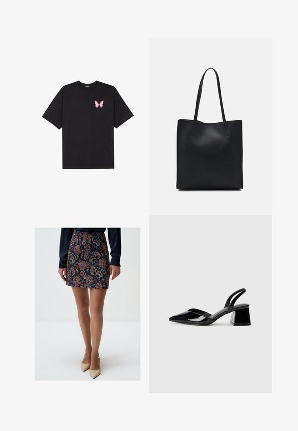 Czarny bawełniany t-shirt z krótkim rękawem, z małym różowym motylkiem na lewej piersi. Klasyczny dekolt z luźnym fasonem.; Mini spódnica w kwiatowy wzór w odcieniach granatu, z czerwonymi i purpurowymi akcentami, wykonana z teksturowanej tkaniny. W zestawie z cielistymi szpilkami w szpic.; Czarne lakierowane półbuty na obcasie z wydłużonym noskiem i geometrycznym słupkiem. Charakteryzują się eleganckim, minimalistycznym designem oraz gładką fakturą.; Czarna skórzana torba tote o gładkiej fakturze, prostokątnym kształcie i dwóch długich uchwytach. Brak widocznych elementów metalowych i ozdób.