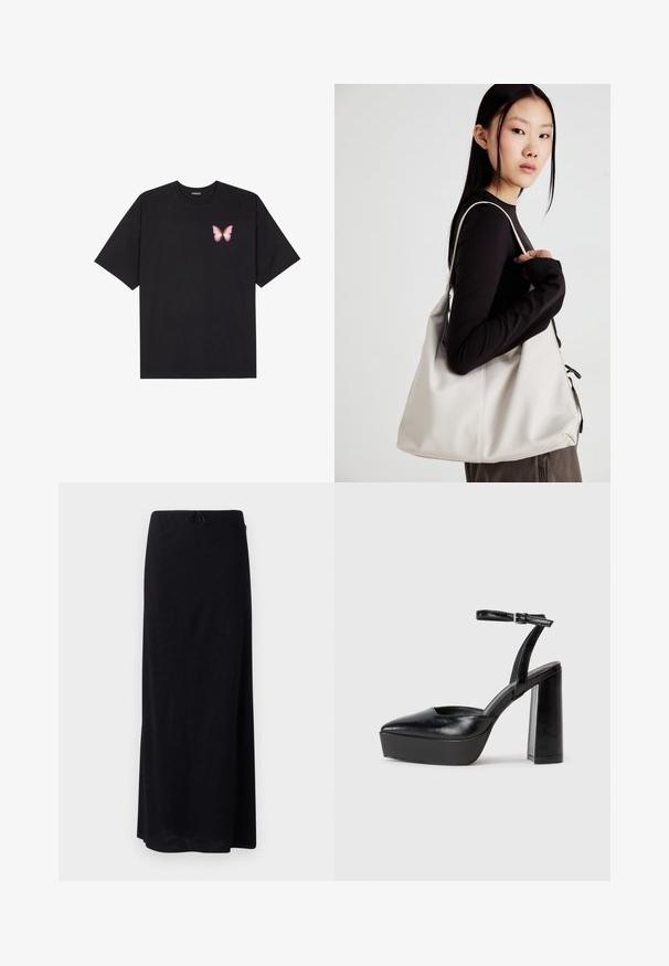 Melna kokvilnas T-krekls ar īsām piedurknēm, kuram priekšā kreisajā pusē ir neliels rozā tauriņa grafiskais attēls. Ar apaļu kaklu un brīvā stila piegriezumu.; Melnā maksi svārki, izgatavoti no gludas, vieglas auduma. Aprīkoti ar elastīgu vidukļa jostu un auklu. Vienkāršs, taisns griezums ar apakšējo malu.; Melnas platformas papēžs ar norādītu purngala formu un regulējamu potītes siksniņu. Izgatavotas no gludas ādas, ar masīvu bloku papēdi.; Bežs rokassoma, izgatavota no mīksta materiāla, ar brīvu dizainu, izšūtu apdari un divām plecu siksnām. Piemērota ikdienas lietošanai.