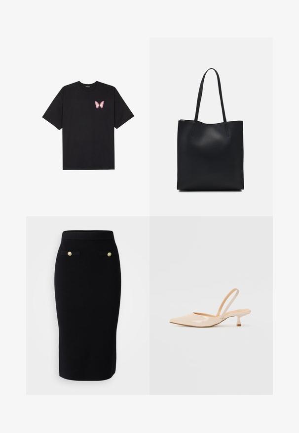 Must muströöpidega must puuvillane T-särk, vasakul rinnal on väike roosa liblikas. Ümar kaelus ja vabalt istuv lõige.; Vero Moda Tall VMSABA LENGHT SKIRT - Pliiatsseelik - black; Beežist lakitud nahast slingback kontsad terava nina ja peene ruudukujulise kontsaga. Sile tekstuur ja minimalistlik disain ilma kaunistusteta.; Mustast nahast kott sujuva tekstuuriga, ristkülikukujuline ja kahe pika sangaga. Pole nähtavat riistvara ega kaunistusi.