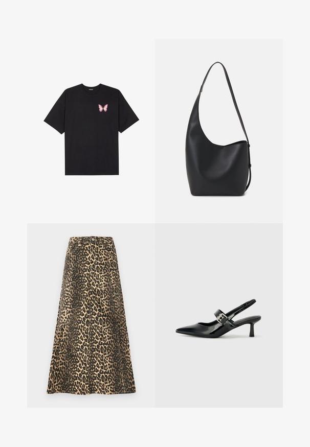 Tricou negru din bumbac cu mâneci scurte, având pe partea stângă a pieptului un mic grafic cu un fluture roz. Design cu guler rotund și croială lejeră.; Fustă midi cu imprimeu de leopard în nuanțe de bej și negru, realizată dintr-un material rezistent. Are o talie ajustată cu nasturi și o siluetă evazată.; Sandale cu toc din piele patent neagră, cu vârful ascuțit și un toc mic bloc, având un accent cu cataramă argintie pe curea.; Geantă hobo din piele neagră, cu o textură netedă, formă curbată și un singur bretele ajustabil; are o deschidere largă în partea de sus.