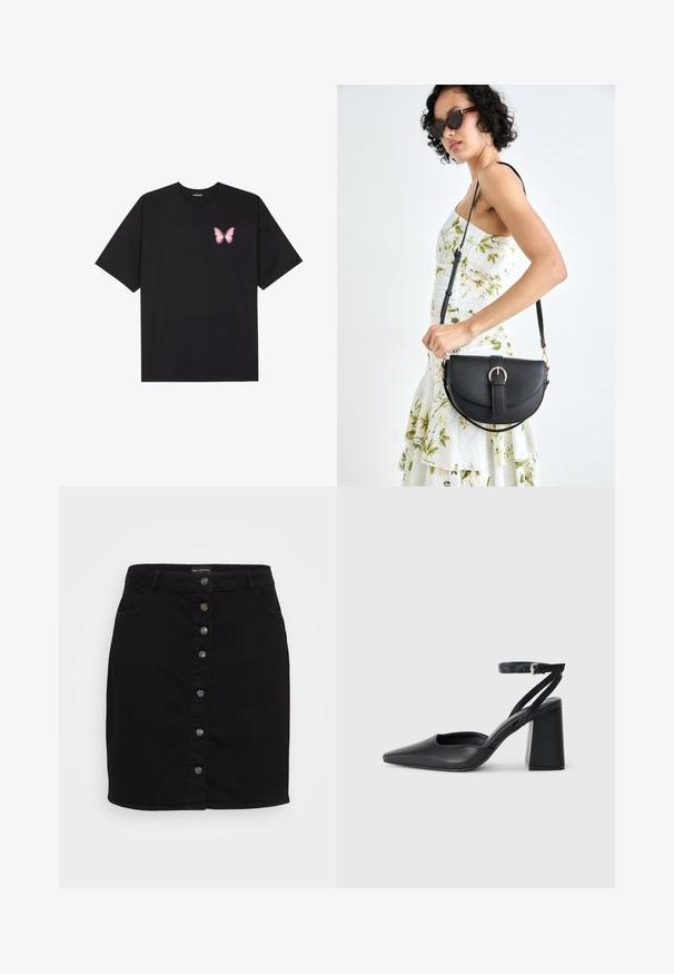 T-shirt de algodão preto com mangas curtas, apresentando um pequeno gráfico de borboleta rosa no lado esquerdo do peito. Design de gola redonda com um corte solto.; Saia preta de ganga com cintura alta, fecho frontal por botões, dois bolsos laterais e um corte reto. Textura suave sem padrões.; Sandal com biqueira afilada em couro preto, com cinta no tornozelo e salto grosso. Textura lisa, design elegante e estética minimalista.; Bolsa de couro preta com forma curva, alça destacável e detalhes em dourado. A bolsa possui uma aba com detalhe de fivela.