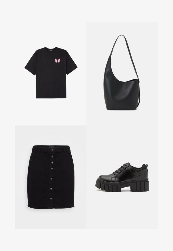Črna bombažna majica s kratkimi rokavi, ki ima majhen roza metuljček na levi strani prsnega dela. Majica s krožnim ovratnikom in sproščenim krojem.; Črna denim krila, ki se ponaša z visokim pasom, sprednjim gumbom, dvema stranskima žepoma in ravnim krojem. Gladka tekstura brez vzorcev.; Črne usnjene platforme z debelim blokastim petam, okroglo konico in klasičnim vezanjem. Imajo gladko teksturo in minimalne podrobnosti.; Črna usnjena hobo torba z gladko teksturo, ukrivljeno obliko in eno nastavljivo naramnico; ima širok odprtina na vrhu.