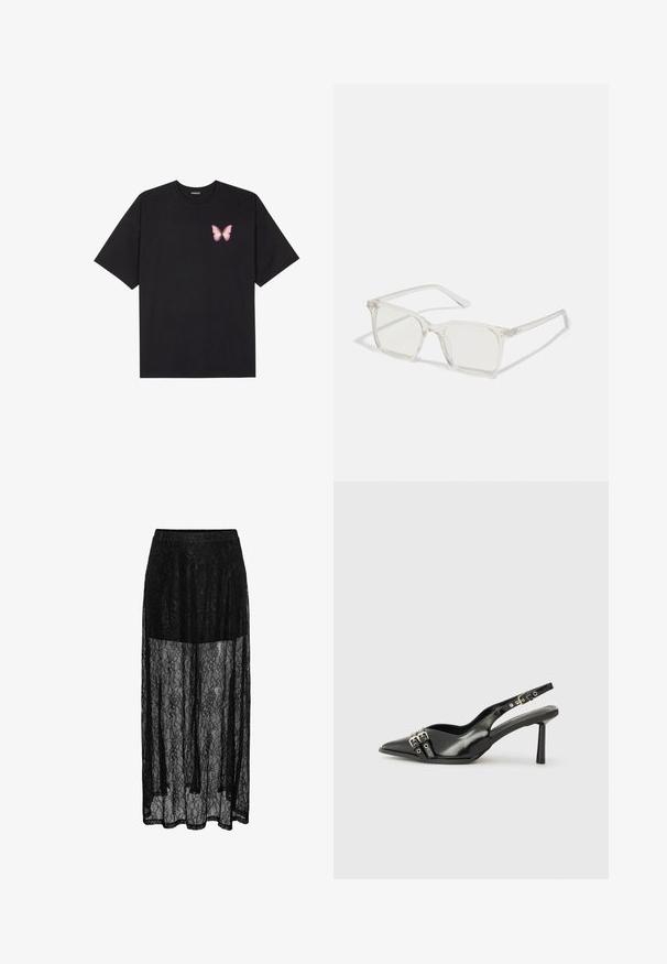 Musta puuvillapaita lyhyillä hihoilla, jossa on pieni vaaleanpunainen perhosgrafiikka vasemmassa rinnassa. Pyöreä kaula-aukko ja rento istuvuus.; Maksihame mustasta pitsistä, jossa on läpinäkyvä päällys ja kukkakuosi, sekä mukava joustava vyötärö. Pitkä, virtaava siluetti.; Musta patenttinen nahkainen slingback-kengät, joissa on terävä nenä, nilkkahihnat hopeisilla soljilla ja varusteilla sekä hoikka korko.; Selkeä muovinen neliönmuotoinen kehyslasit, joissa on läpinäkyvät linssit ja kultaset mäntäraudat lisäämään yksityiskohtia.; Beige laukku, joka on valmistettu pehmeästä materiaalista, ja siinä on rento muotoilu, ommeltu yksityiskohtia ja kaksi olkahihnaa. Sopii päivittäiseen käyttöön.