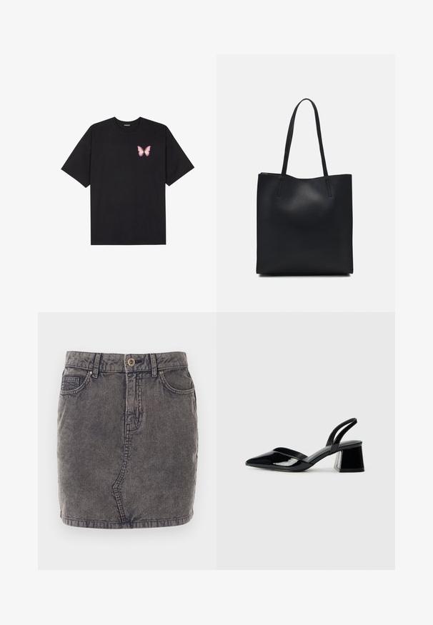 T-shirt de algodão preto com mangas curtas, apresentando um pequeno gráfico de borboleta rosa no lado esquerdo do peito. Design de gola redonda com um corte solto.; Saia de ganga cinza com textura riscada verticalmente, apresentando um fecho frontal de botões, duas bolsas laterais e um acabamento inferior reto.; Sandy em verniz preto com salto slingback, ponta afilada e salto geométrico. Apresenta um design elegante e minimalista com textura suave.; Bolsa tote preta em couro com textura lisa, forma retangular e duas alças longas. Sem hardware ou enfeites visíveis.