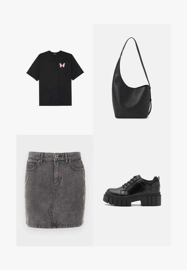 Melna kokvilnas T-krekls ar īsām piedurknēm, kuram priekšā kreisajā pusē ir neliels rozā tauriņa grafiskais attēls. Ar apaļu kaklu un brīvā stila piegriezumu.; Pelēka džinsu svārki ar vertikālu ribotu tekstūru, kas aprīkoti ar priekšējo pogu aizdari, divām sānu kabatām un taisnu apakšmalu.; Melnas ādas platformas kurpes ar masīvu bloku papēdi, apaļu purngalu un tradicionālu saistīšanas dizainu. Izceļas ar gludu tekstūru un minimālu apdari.; Melnas ādas hobo soma ar gludu tekstūru, izliekta forma un vienu regulējamu jostu; augšā ir plaša atvere.