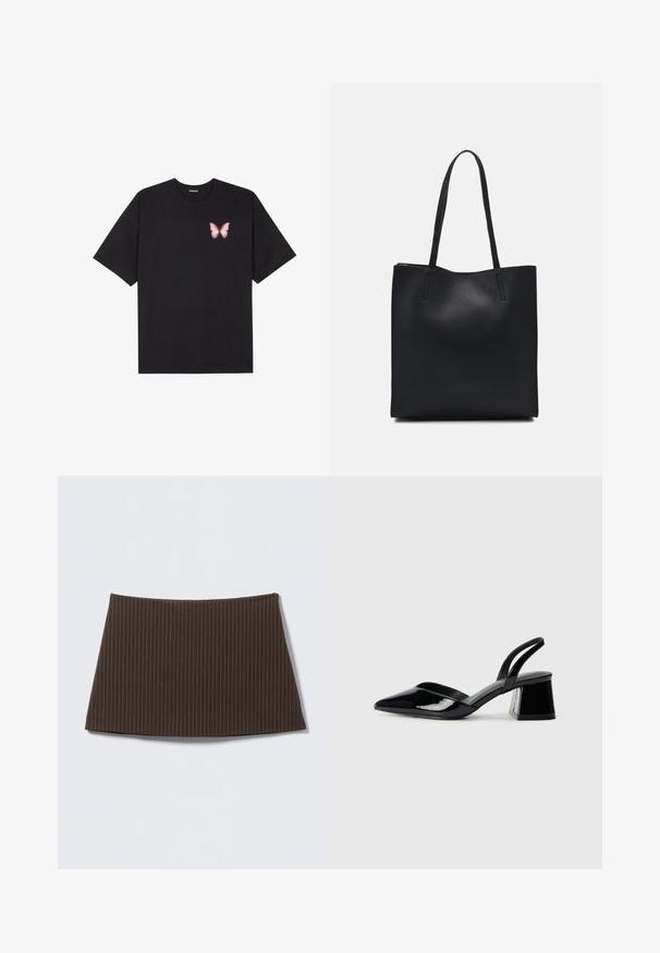 T-shirt nera in cotone con maniche corte, caratterizzata da una piccola grafica di una farfalla rosa sul lato sinistro del petto. Design a girocollo con una vestibilità rilassata.; Gonna marrone a righe sottili con design aderente, texture liscia e orlo svasato, ideale per un look su misura.; Décolleté in vernice nera con punta affusolata e tacco in geometria cubica. Presentano un design elegante e minimalista, con una texture liscia.; Borsa tote in pelle nera con texture liscia, forma rettangolare e due manici lunghi. Nessun hardware o decorazione visibile.