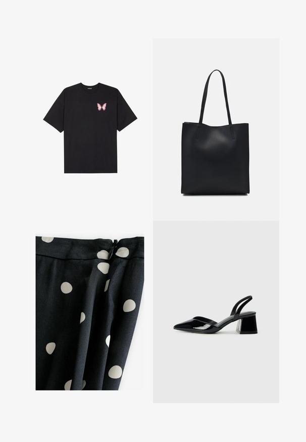 Must muströöpidega must puuvillane T-särk, vasakul rinnal on väike roosa liblikas. Ümar kaelus ja vabalt istuv lõige.; Must mustriga kangas suurte kreemjate täppidega; sile tekstuur, voolujooneline disain ja lukk ülevalt.; Mustad musta lakknahk kingad, millel on terav varvas ja geomeetriline plokkkonts. Omab elegantselt minimalistlikku disaini ja sujuvat tekstuuri.; Mustast nahast kott sujuva tekstuuriga, ristkülikukujuline ja kahe pika sangaga. Pole nähtavat riistvara ega kaunistusi.