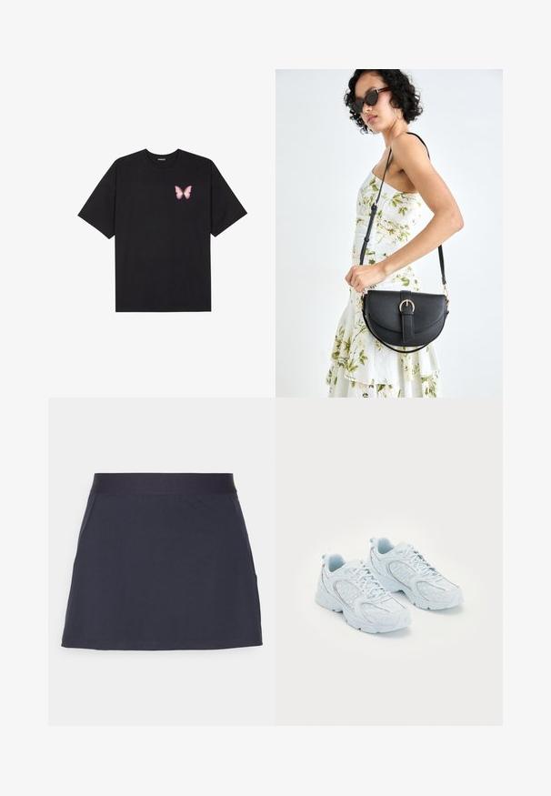 Fekete pamut póló rövid ujjakkal, bal mellkason egy kis rózsaszín pillangó grafikával. Kerek nyakú kialakítás, laza fazonnal.; Sötétkék mini szoknya sima, rugalmas anyagból. Széles, elasztikus derékpánttal rendelkezik, és egyszerű, letisztult fazonú, további díszítések nélkül.; Világoskék sportcipők hálós és szintetikus felsőrésszel, fehér pöttyökkel és fényvisszaverő elemekkel, fűzős kialakítással és párnázott talppal.; Fekete bőrtáska ívelt formával, levehető pánttal és arany színű fémrészekkel. A táskán egy csattal díszített fedél található.