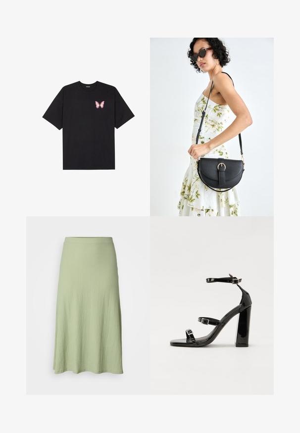 Fekete pamut póló rövid ujjakkal, bal mellkason egy kis rózsaszín pillangó grafikával. Kerek nyakú kialakítás, laza fazonnal.; Világoszöld, térdihosszú szoknya struktúrált anyagból, sima derékpánttal és enyhén bővülő sziluettel. Nincsenek minták vagy díszítések.; Fekete lakk magas sarkú szandál négyzet alakú orral, bokapántokkal és ezüst csatokat tartalmaz. Masszív blokk sarka a stabilitásért felel.; Fekete bőrtáska ívelt formával, levehető pánttal és arany színű fémrészekkel. A táskán egy csattal díszített fedél található.
