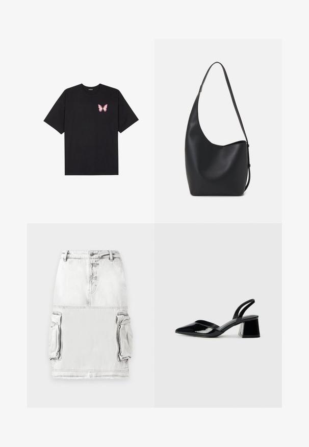 Musta puuvillapaita lyhyillä hihoilla, jossa on pieni vaaleanpunainen perhosgrafiikka vasemmassa rinnassa. Pyöreä kaula-aukko ja rento istuvuus.; Vaaleanharmaa farkkuhame korkealla vyötäröllä, edessä napit ja kaksi sivutaskua. Kankaan pinta on hieman kulunut.; Mustat patentoitu nahkakengät, joissa on säären takaosa ja terävä kärki, sekä geometrinen palikkakorko. Sisältää tyylikkään, minimalistisen muotoilun ja sileän pinnan.; Musta nahkainen hobo-laukku, jossa on sileä pinta, kaareva muoto ja yksi säädettävä olkahihna; sisäänkäynti on leveä ylhäältä.