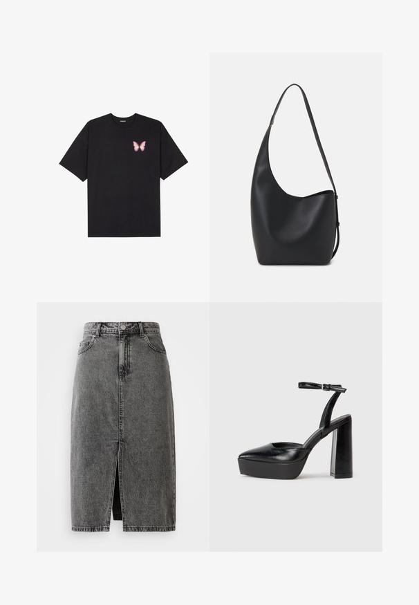 Black cotton t-shirt with short sleeves, featuring a small pink butterfly graphic on the left chest. Crew neck design with a relaxed fit.; High-waisted, faded black denim midi skirt with front slit, belt loops, and classic five-pocket design.; Black platform heels with a pointed toe and adjustable ankle strap. Constructed from smooth leather, featuring a chunky block heel.; Black leather hobo bag with a smooth texture, curved shape, and single adjustable strap; features a wide opening at the top.