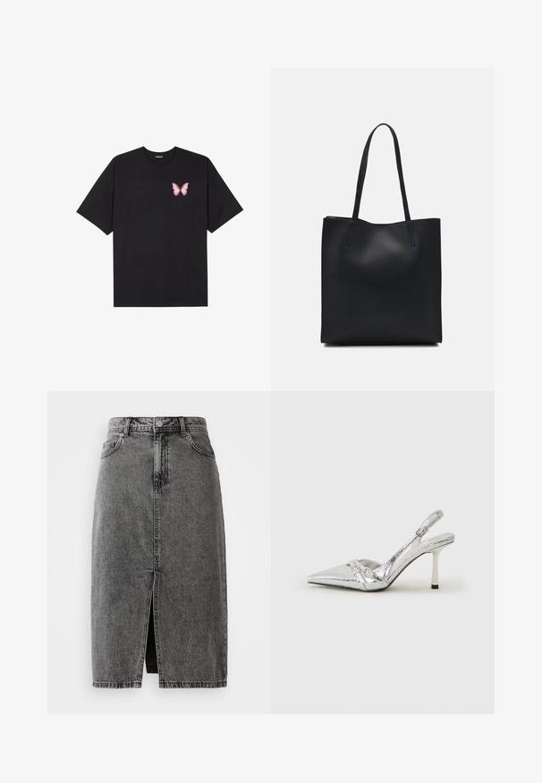 T-shirt nera in cotone con maniche corte, caratterizzata da una piccola grafica di una farfalla rosa sul lato sinistro del petto. Design a girocollo con una vestibilità rilassata.; Gonna midi in denim nera scolorita a vita alta, con spacco frontale, passanti per cintura e design classico a cinque tasche.; Scarpe con tacco alto slingback argento con punta affusolata, finitura metallica, due cinturini decorativi e un tacco sottile con punta nera.; Borsa tote in pelle nera con texture liscia, forma rettangolare e due manici lunghi. Nessun hardware o decorazione visibile.