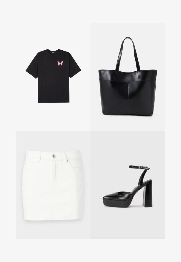 Svart bomulls T-skjorte med korte ermer, med en liten rosa sommerfugl grafikk på venstre bryst. Crew-neck design med en avslappet passform.; Hvit denimskjørt med en tettsittende design, med frontknapplukking, to sidelommer og lengde til midten av låret. Jevn tekstur.; Sorte plattformhelter med spiss tå og justerbar ankelrem. Laget av glatt lær, med en robust blokkhel.; Svart lær toteveske med to lange håndtak, en glatt tekstur og en strukturert form. Har en frontlomme for ekstra oppbevaring.