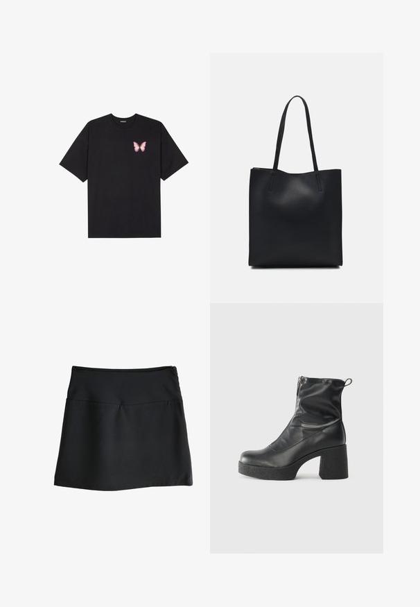 Juodas medvilnės marškinėliai trumpomis rankovėmis, su maža rožine drugelio grafika kairėje krūtinės pusėje. Apvalus kaklo iškirpimas, laisvas kirpimas.; Juoda sijonas su lygiu paviršiumi, iki kelių ilgio dizainas ir paprastas, elastingas juosmuo. Su diskrečiu užtrauktuku nugaroje.; Juodos kulkšninių botai, pagaminti iš lygaus odos, su šoniniu užtrauktuku, masyviu tekstūruotu kulnu ir apvaliu pirštu.; Juodas odinis tote krepšys su lygia tekstūra, stačiakampio formos ir dviem ilgais rankenomis. Matomų metalinių detalių ar puošybos nėra.