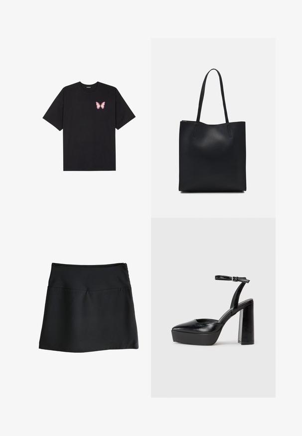 Schwarzes Baumwoll-T-Shirt mit kurzen Ärmeln, das ein kleines pinkes Schmetterlingsmotiv auf der linken Brust zeigt. Crewneck-Design mit einem entspannten Schnitt.; Schwarzer Rock mit glatter Textur, knielangem Schnitt und einem einfachen, elastischen Bund. Verfügt über einen dezenten Reißverschluss auf der Rückseite.; Schwarze Plateau-High Heels mit spitzem Zeh und verstellbarem Knöchelriemen. Gefertigt aus glattem Leder und mit einem klobigen Blockabsatz.; Schwarze Laptoptasche aus Leder mit glatter Textur, rechteckiger Form und zwei langen Griffen. Keine sichtbaren Beschläge oder Verzierungen.