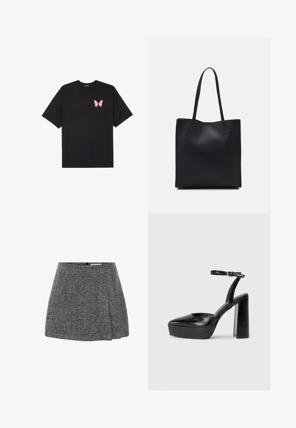 T-shirt en coton noir à manches courtes, avec un petit graphique de papillon rose sur la poitrine gauche. Modèle à col rond avec une coupe décontractée.; Jupe grise texturée avec un design plissé, munie d'une fermeture éclair à l'arrière. Le matériau présente un motif tissé, créant un léger effet de profondeur.; Escarpins noirs à plateforme avec un bout pointu et une sangle réglable à la cheville. Conçus en cuir lisse, avec un large talon bloc.; Sac fourre-tout en cuir noir avec une texture lisse, de forme rectangulaire et deux longues poignées. Pas de matériel ou d'ornementations visibles.