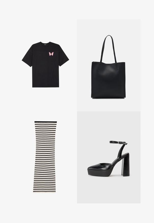 Melna kokvilnas T-krekls ar īsām piedurknēm, kuram priekšā kreisajā pusē ir neliels rozā tauriņa grafiskais attēls. Ar apaļu kaklu un brīvā stila piegriezumu.; Melnbalts svītrots ribots kleita ar pieguļošu formu, kurai ir horizontālas svītras un vienkrāsains melns apkakles izgriezums.; Melnas platformas papēžs ar norādītu purngala formu un regulējamu potītes siksniņu. Izgatavotas no gludas ādas, ar masīvu bloku papēdi.; Melnas ādas somiņa ar gludu tekstūru, taisnstūra formu un divām garām rokturiem. Nav redzamu aparatūras vai rotājumu.